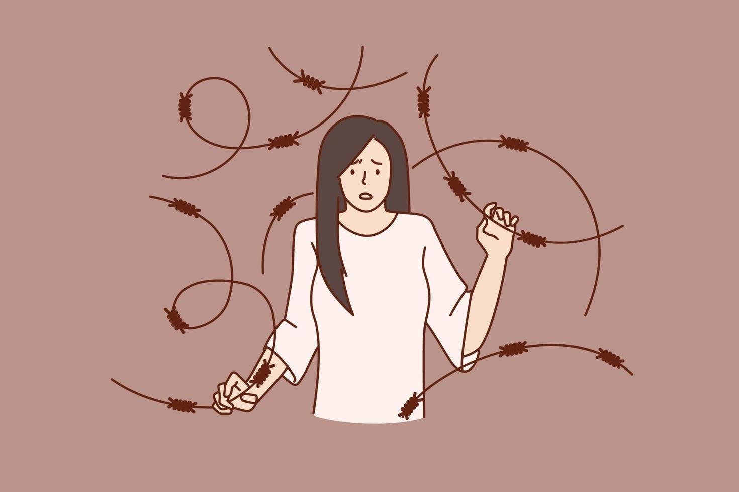 Unhappy stressed woman in depression doodle, suffer from nervous disorder or breakdown. Depressed upset female struggle with mental health problems. Healing, psychotherapy. Vector illustration.