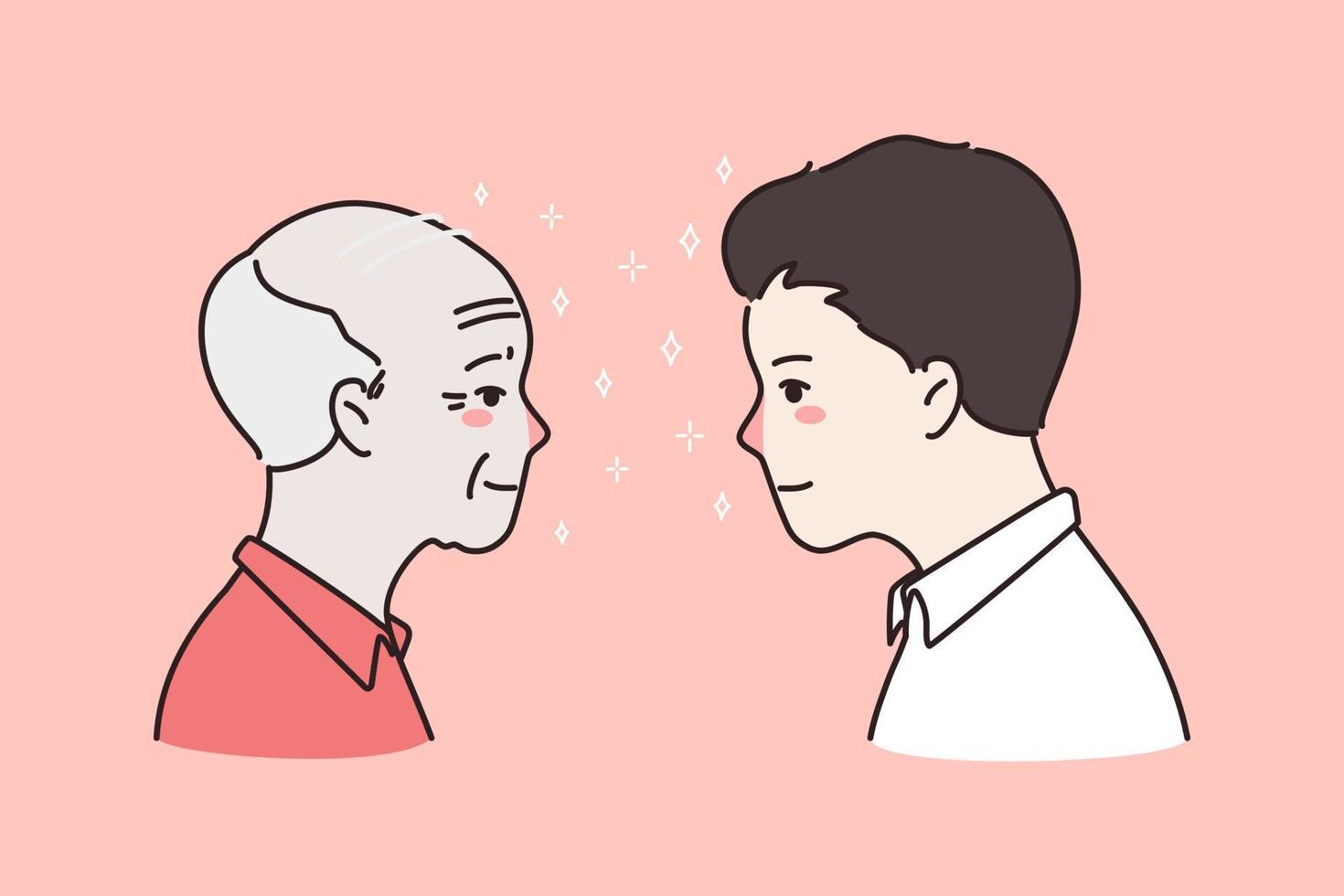 Side view faces of young and old man facing each other. Younger and older male generation on one picture. Facial changes with age. Maturity, growing, aging concept. Flat vector illustration.