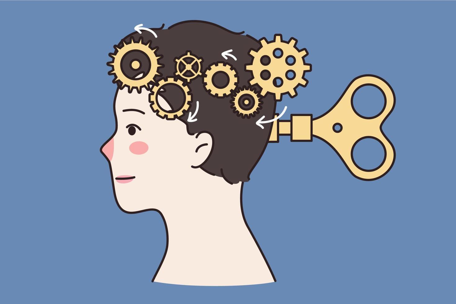 Intellectual manipulation and mental health concept. Human head with brain is replaced by system of gears driven by key and scissors vector illustration