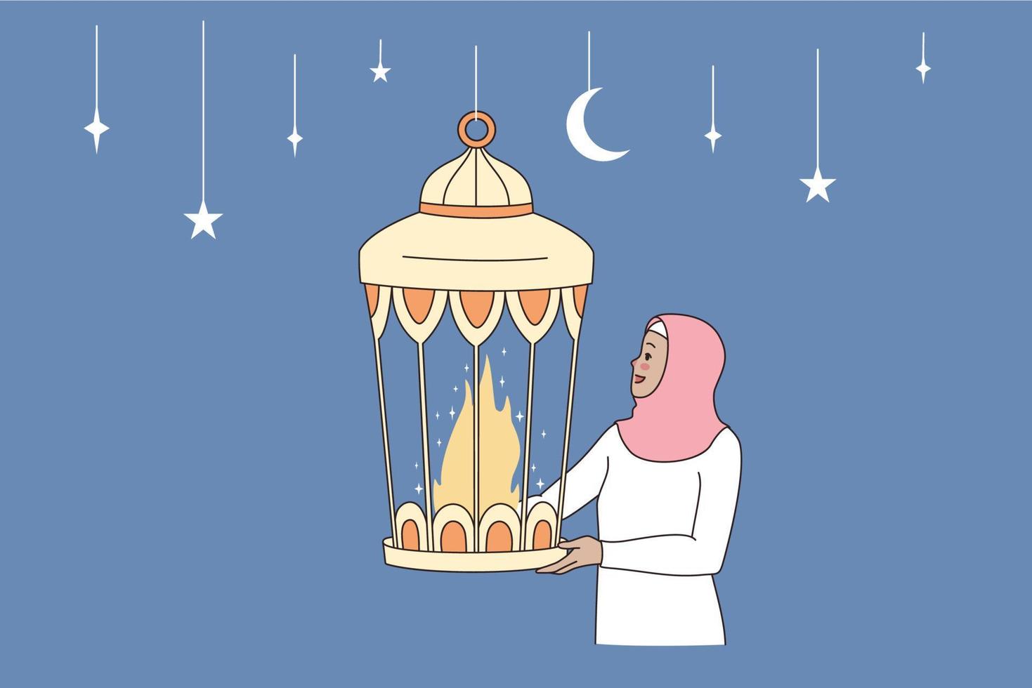 contento Ramadán Mubarak celebracion concepto. joven Arábica islam mujer en pie participación tradicional fiesta lámpara con fuego ardiente dentro vector ilustración
