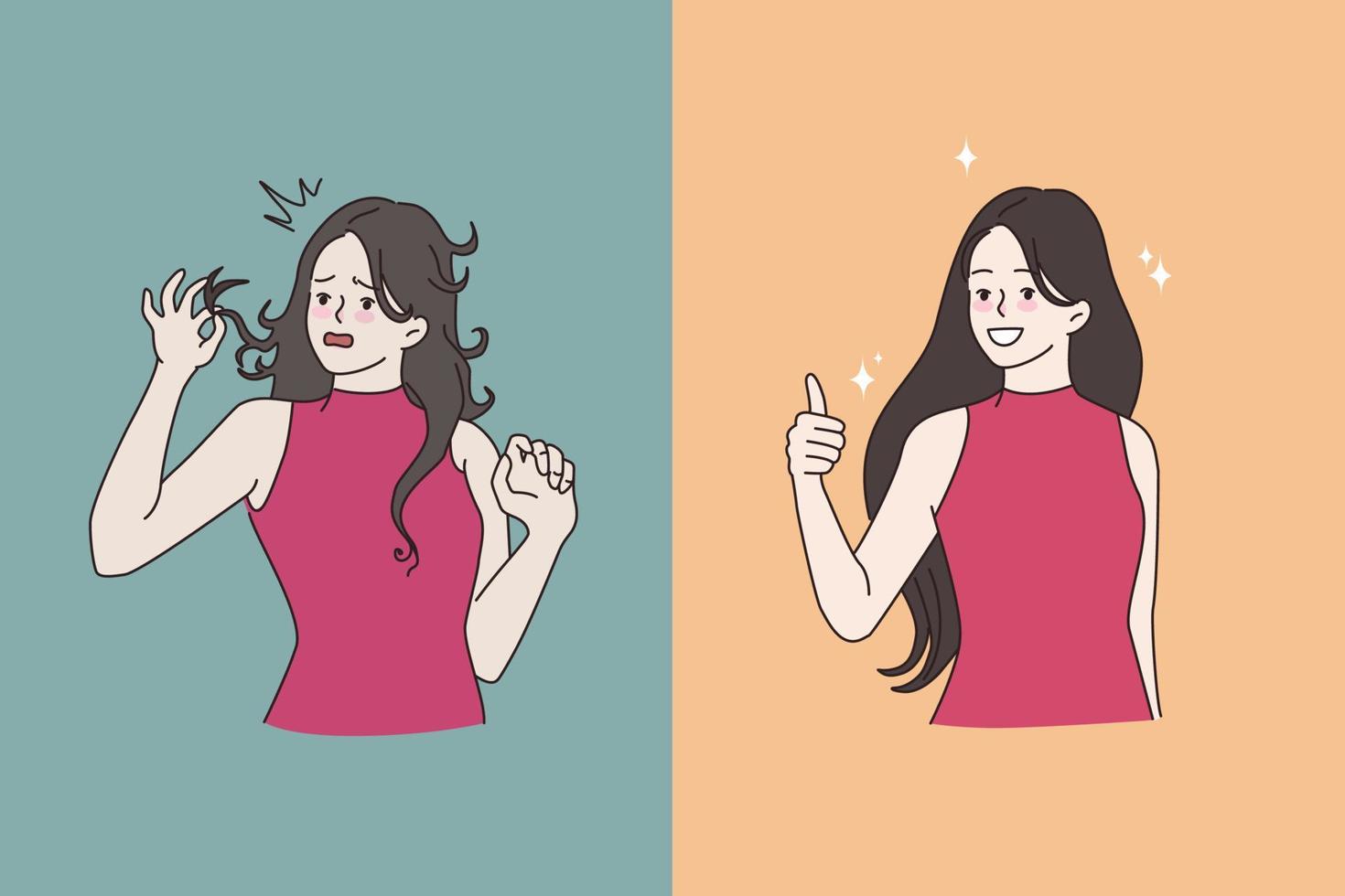 mujer infeliz antes de y contento después salón pelo tratamiento. sonriente niña cliente recomendar bueno calidad belleza salón enderezamiento o restauracion procedimiento. plano vector ilustración, dibujos animados personaje.