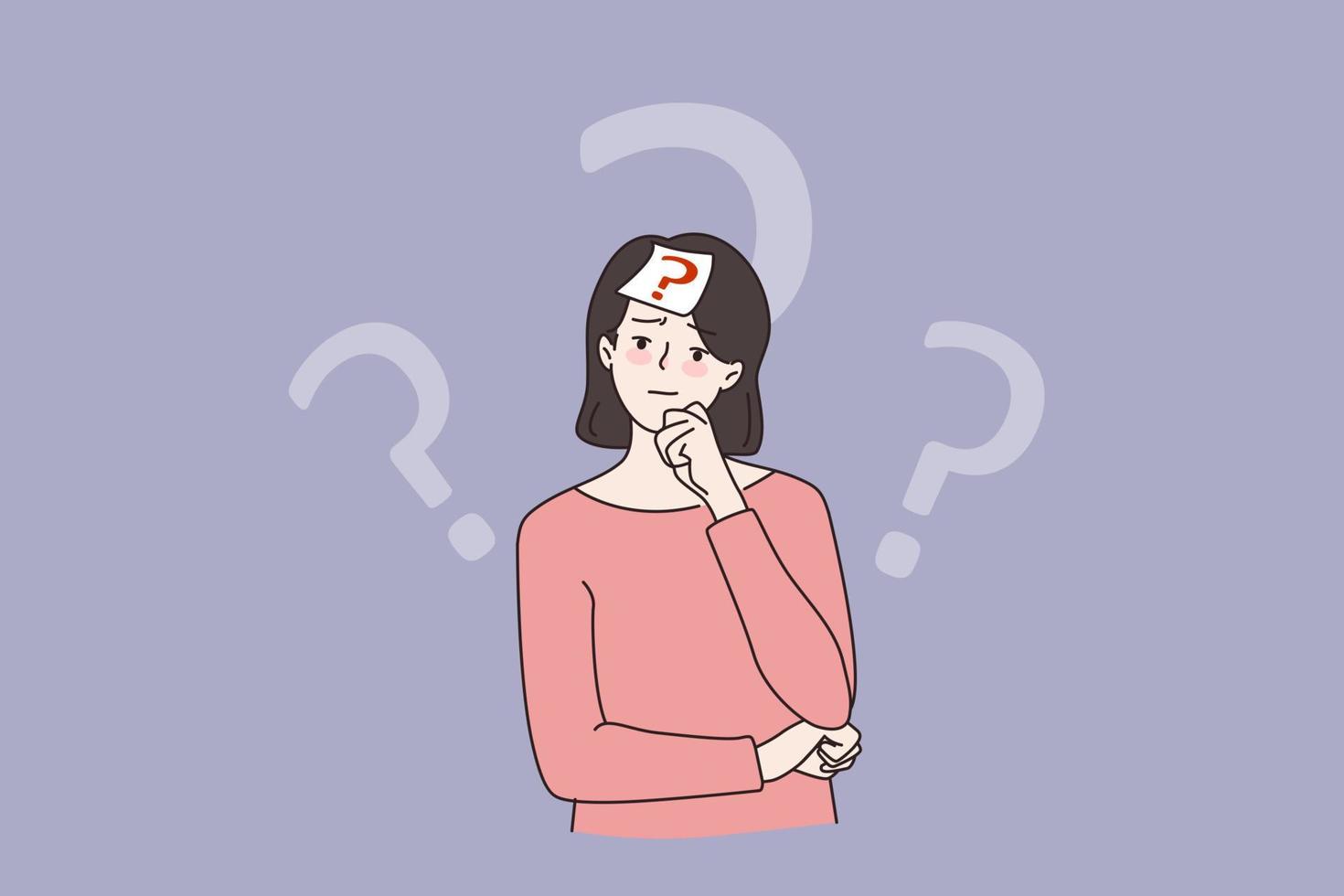 Doubtful pensive young woman with sticker note on forehead with question mark. Stressed unsure girl thinking making decision solving problem. Dilemma concept. Flat vector illustration.