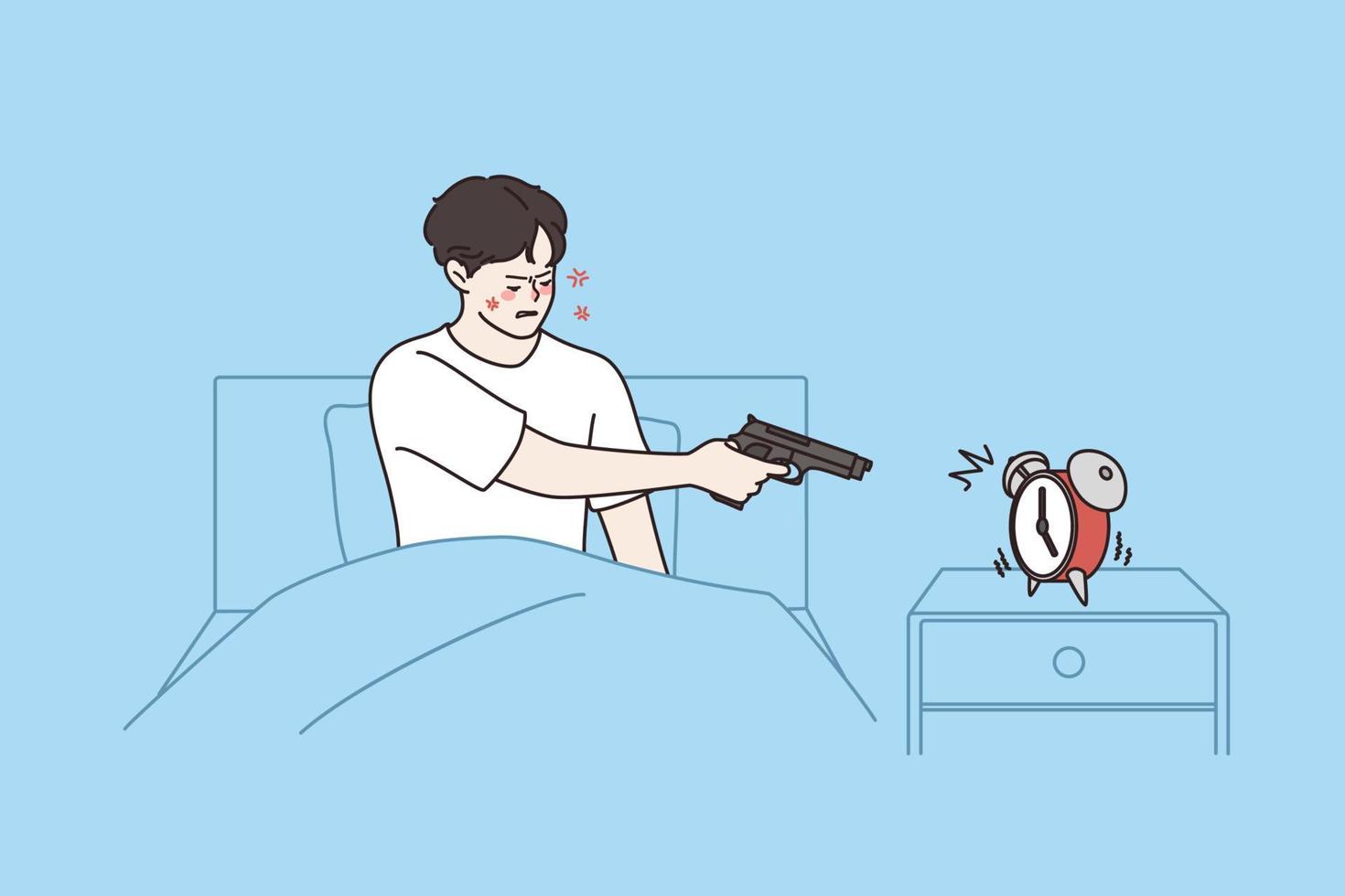 sensación cansado y insomne concepto. joven irritado estresado hombre puntería pistola a alarma reloj ya que Mañana quedarse en cama terminado azul antecedentes vector ilustración