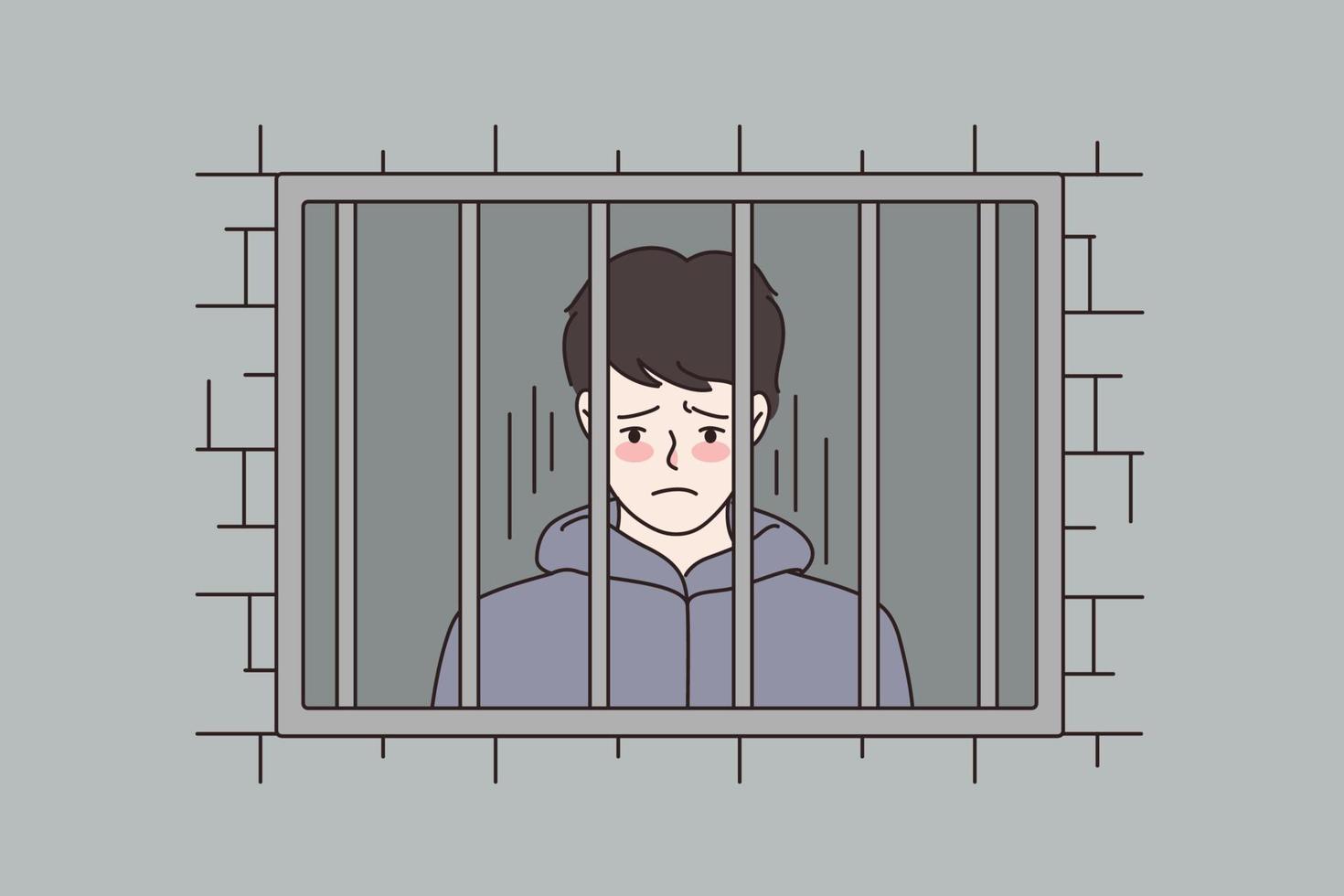 Sad man behind steel bars in country jail. Distressed unhappy male feel depressed sit in prison. Criminal convict imprisoned for illegal actions. Cartoon character flat vector illustration.
