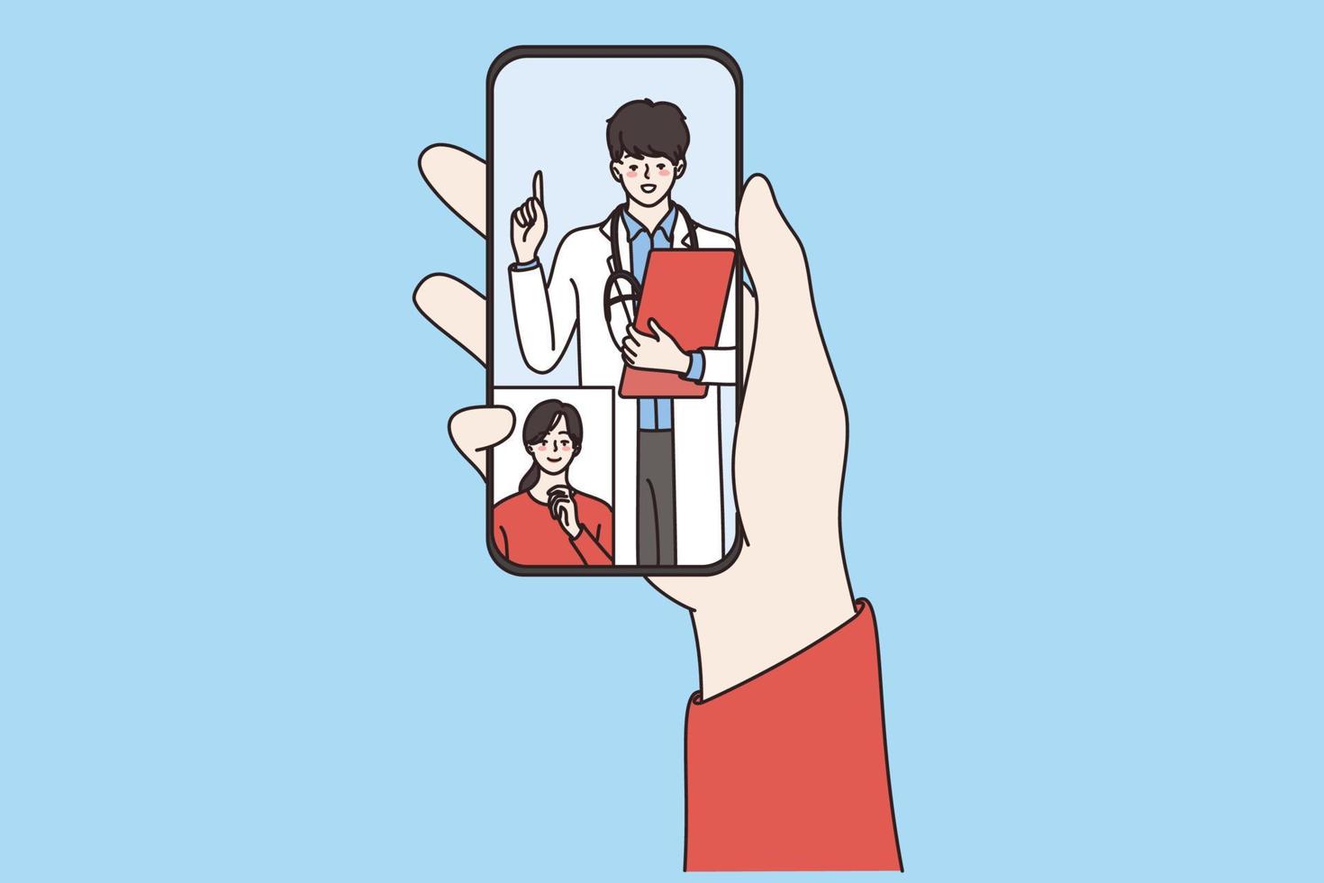 Online medicine and telehealth concept. Human hand holding smartphone with online smiling doctor and woman patient looking from screen vector illustration