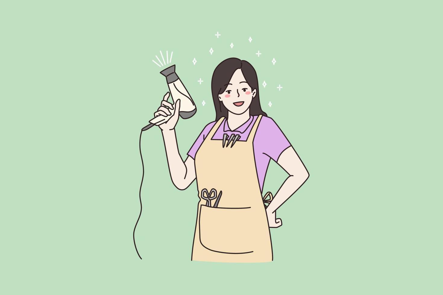 Portrait of smiling woman hair stylist pose with hairdryer scissors in salon. Happy young girl hairdresser work in beauty industry, hair treatment and procedures. Flat vector illustration, cartoon.