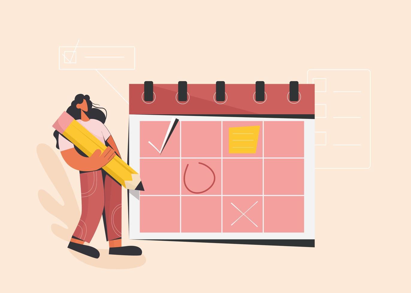 Tiny woman cartoon character check date on calendar agenda. Girl use pencil make note plan on paper memo. Schedule, time management, process organization concept. Flat vector illustration.