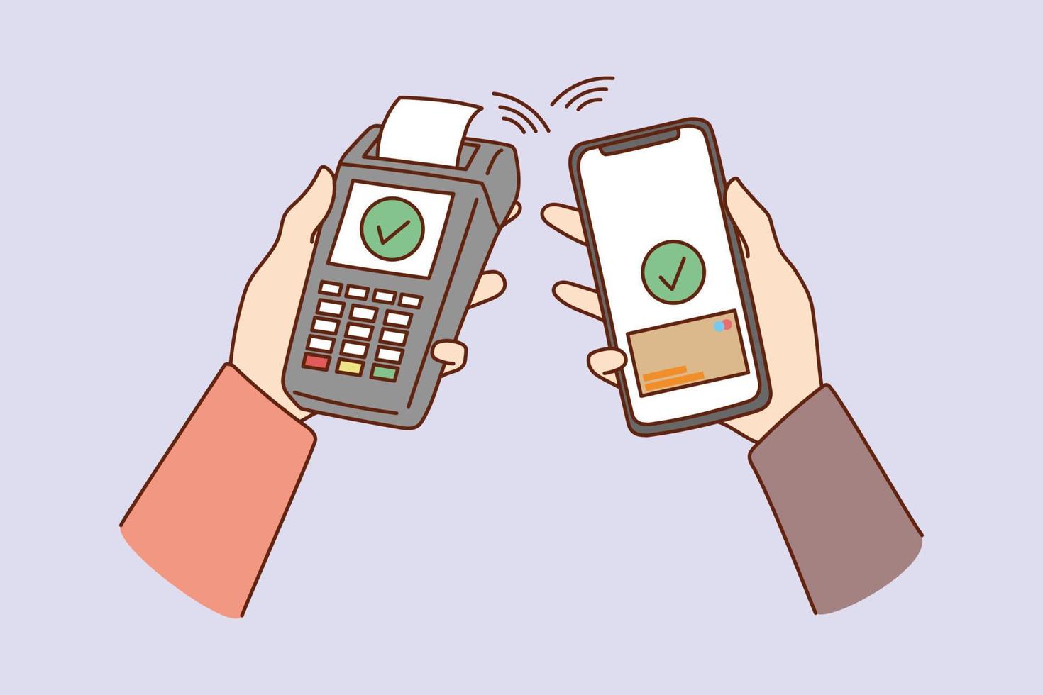 Close up people hands holding banking machine terminal pay with smartphone credit card online. Contactless payment with cellphone modern technology application. Flat vector illustration.