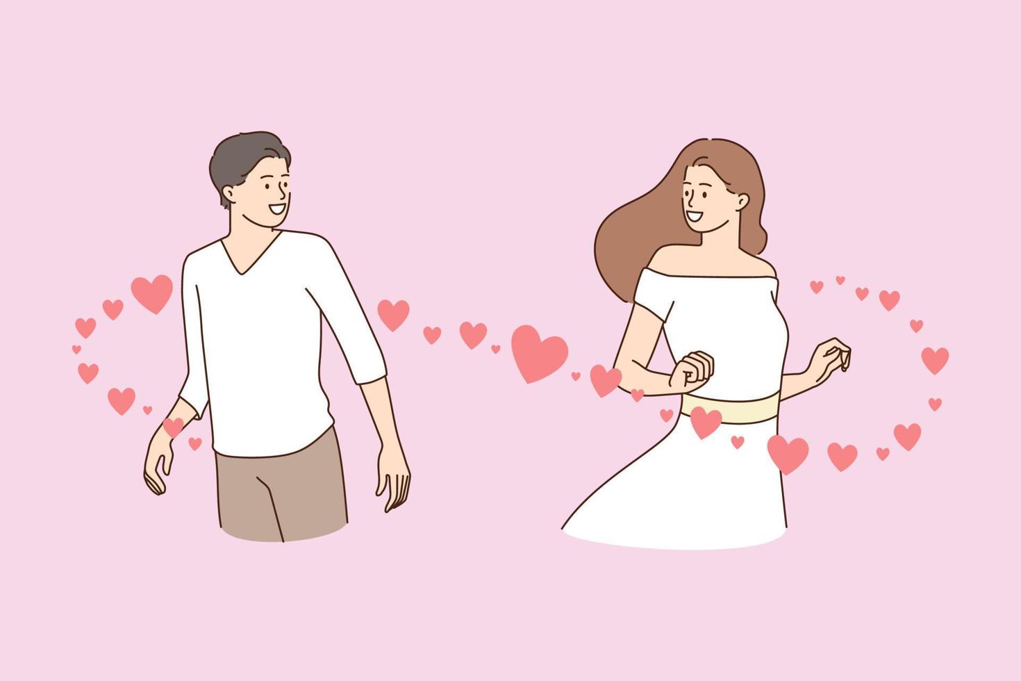 sonriente hombre y mujer otoño en amor a primero vista. contento masculino y hembra reunirse encuentro en calle obtener atraído. afecto, relación concepto. dibujos animados personaje, plano vector ilustración.