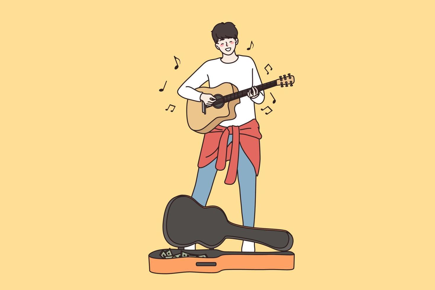 Street performance and begging concept. Young happy male guitarist cartoon character standing busking by playing guitar in city singing song vector illustration