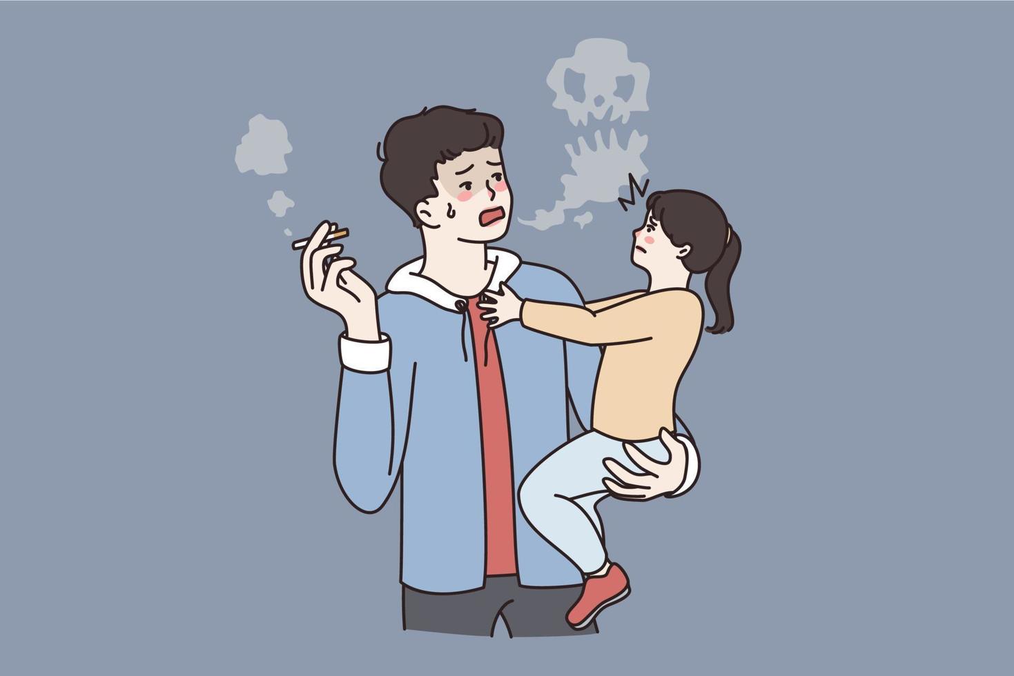 Bad lifestyle of parents concept. Young father man standing smoking cigarette and holding his small stressed daughter on hands vector illustration