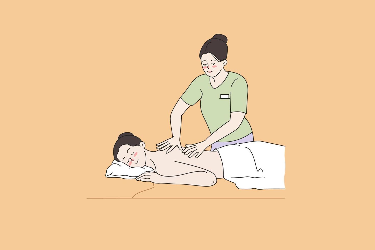 Happy woman on table get massage in professional beauty salon. Calm naked girl client customer have body care or treatment in spa. Cosmetic industry, relaxation concept. Flat vector illustration.