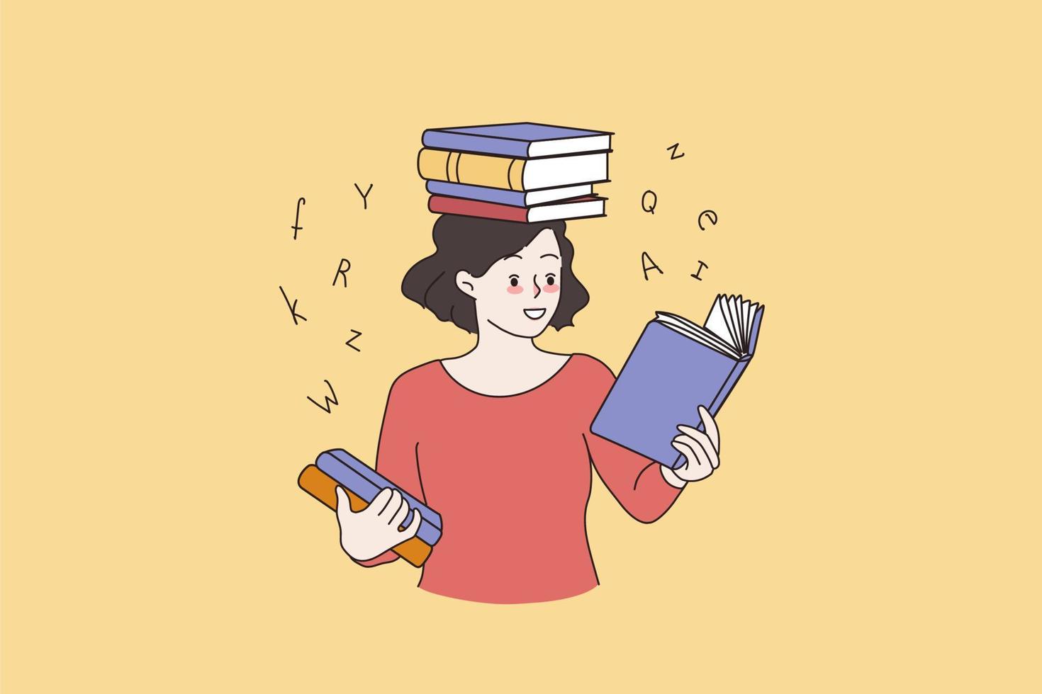 Smart girl student reading books, have textbooks on head, preparing for exam or test at university. Focused young woman study learn distant for college. Education concept. Flat vector illustration.