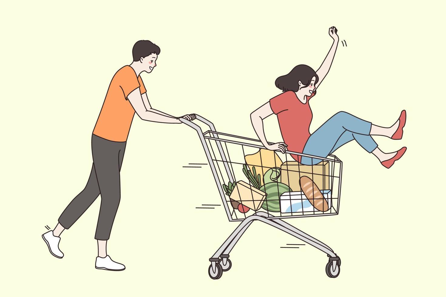 ocio, vacaciones y teniendo divertido concepto. joven contento Pareja dibujos animados caracteres engañando teniendo divertido juntos en supermercado carretilla sensación juguetón emocionado vector ilustración