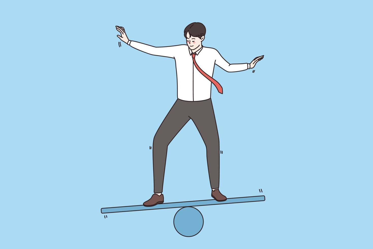 negocio estrategia y desarrollo concepto. joven sonriente empresario en pie en patinar molesto a equilibrar acuerdo armonía en mente vector ilustración