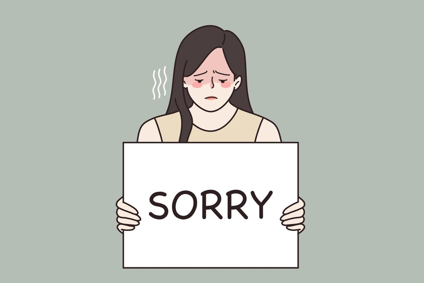 Feeling sorry and guilt concept. Young sad frustrated woman feeling guilty holding sign saying sorry in hands vector illustration