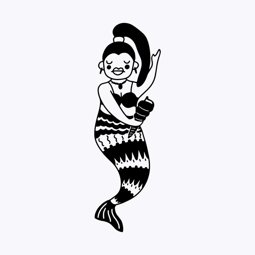 Funny mermaid with a shell in her hands in the style of doodles. Marine theme. Hand drawing of isolated objects on a white background. Vector illustration. Coloring book.