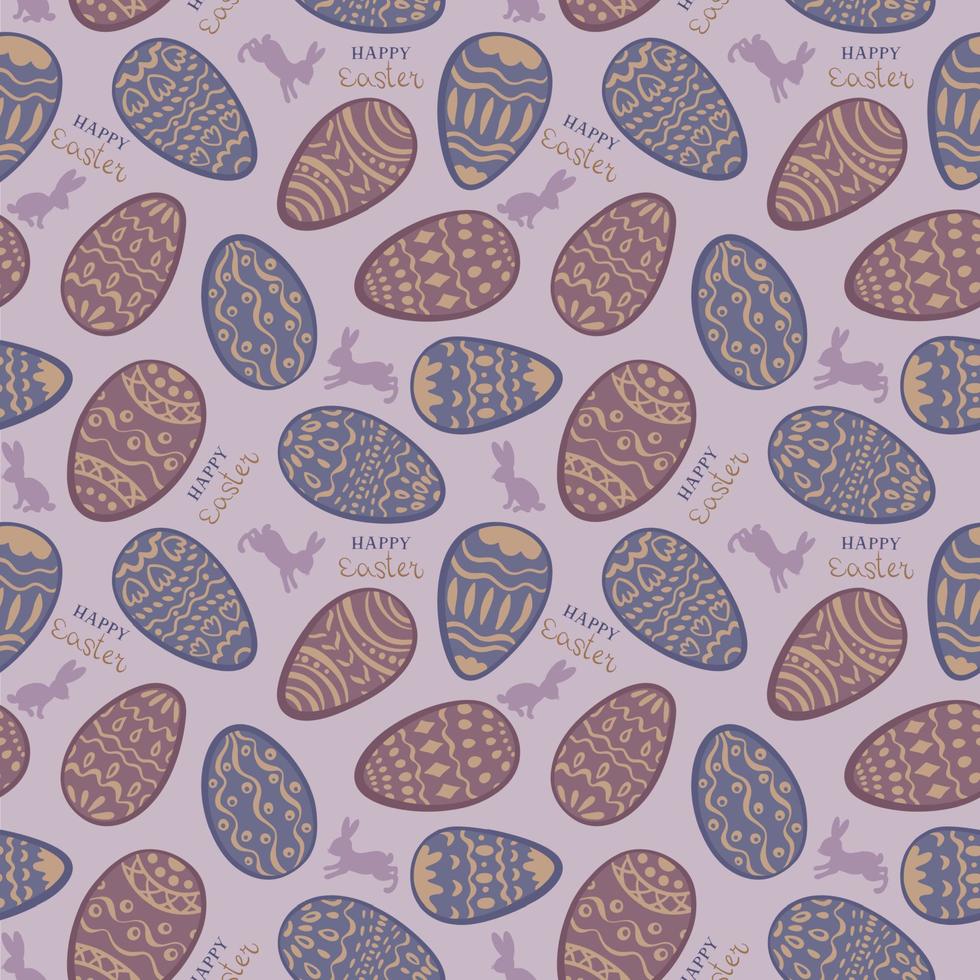 Easter seamless pattern. Purple and burgundy eggs painted with patterns on a lilac background, rabbits and Happy Easter inscriptions. For Easter cards, banners, textiles, wallpaper. Vector