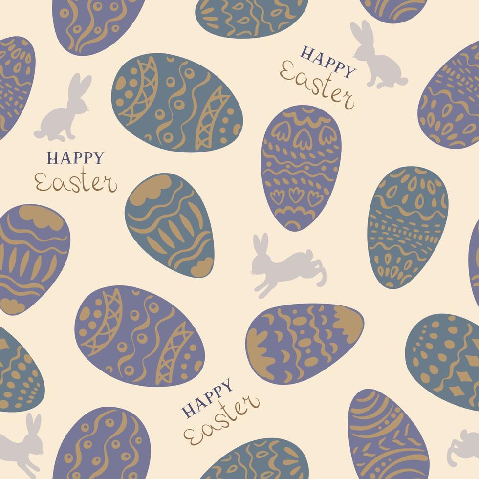 Seamless pattern for the Easter holiday. Purple and green eggs painted with patterns on beige background, rabbits and Happy Easter inscriptions. For Easter Cards, banner, textiles, wallpapers. Vector