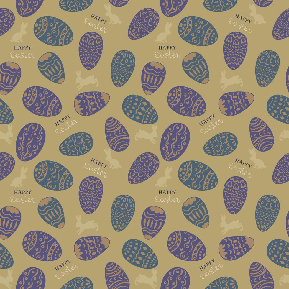 Seamless pattern for the Easter holiday. Purple and green eggs painted with patterns on khaki background, rabbits and Happy Easter inscriptions. For Easter cards, banners, textiles, wallpaper. Vector