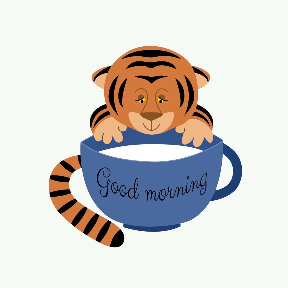 Cute tiger cub with a blue cup of milk. Children's illustration of the New Year's symbol of 2022 on a white background. Vector illustration with the words Good morning.