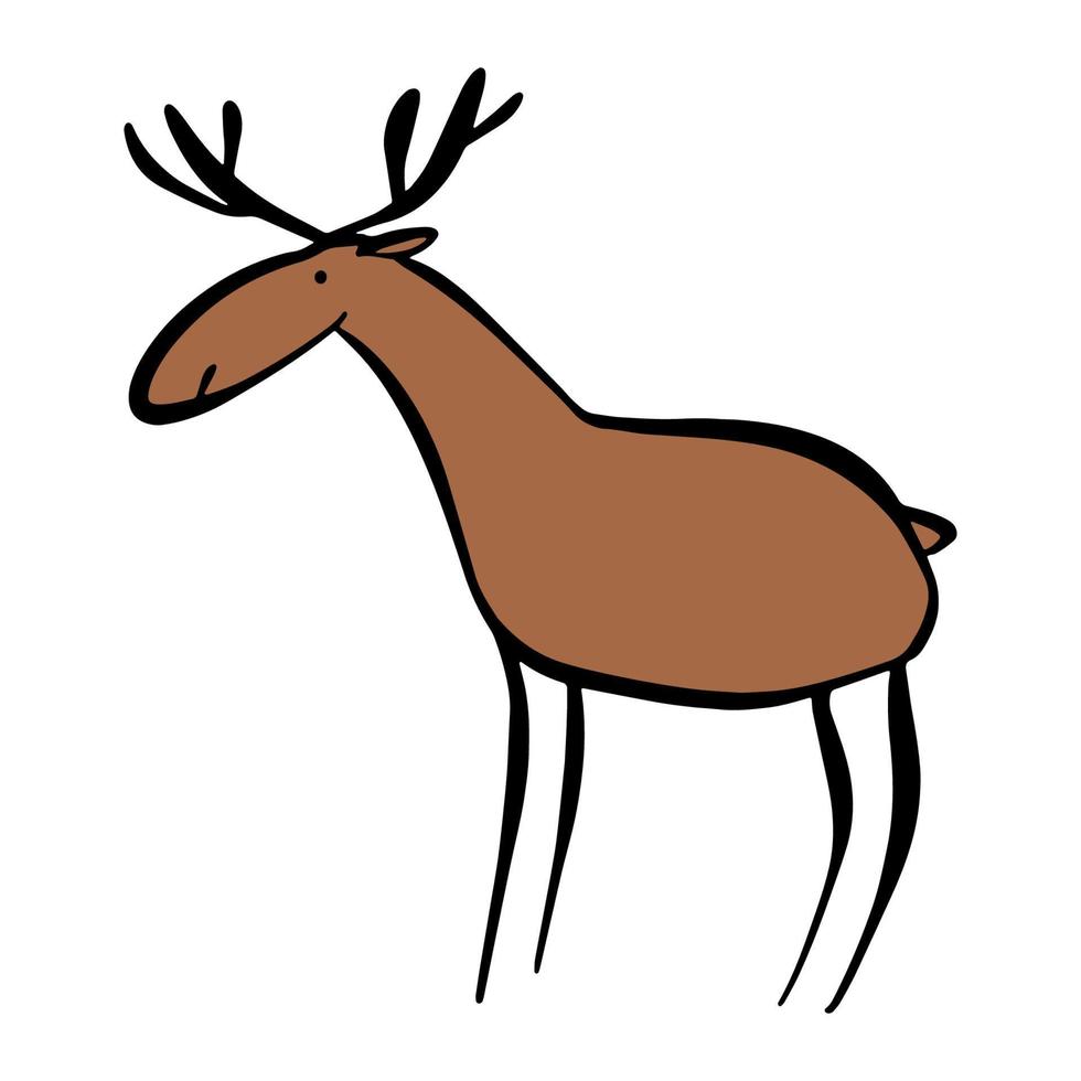 Funny brown deer. Creative moose on a white background. Rock art in the style of naive art. Vector illustration. An element for greeting cards, posters, stickers and other designs.