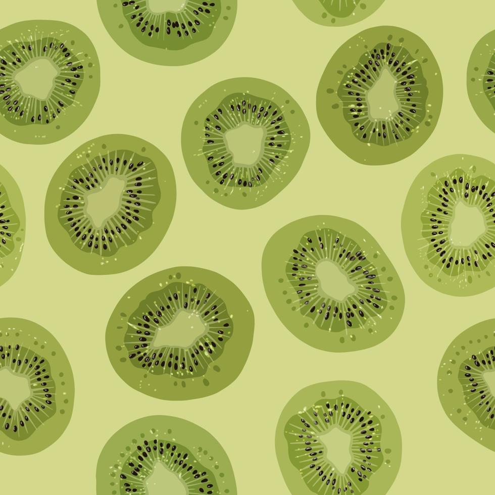 Seamless pattern with fresh kiwi, detailed realistic ripe kiwi berries on a green background. 3D vector illustration. For print, wrapping paper, Wallpaper, packaging, banners, postcards, etc.