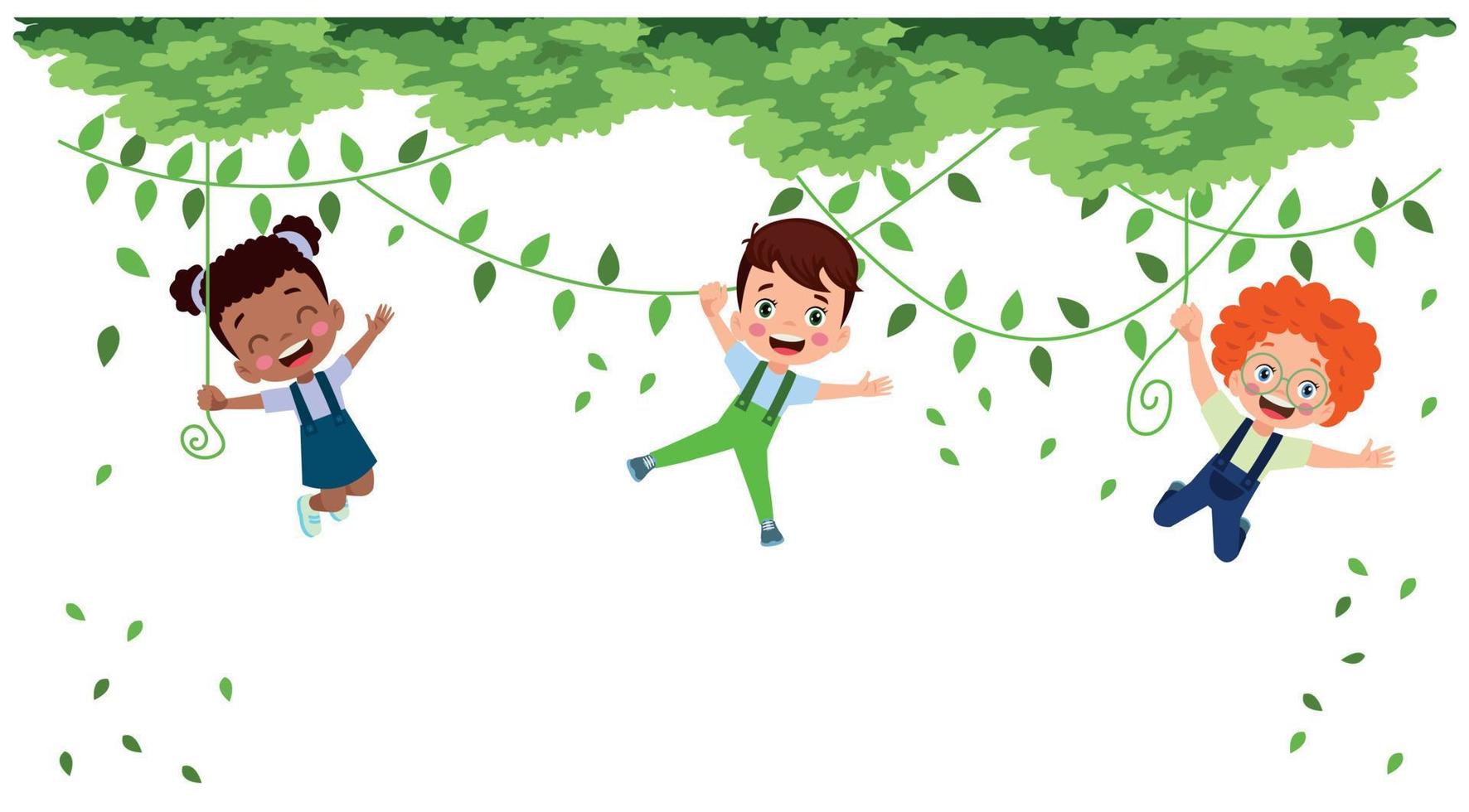 children hanging from branch playing cute vector