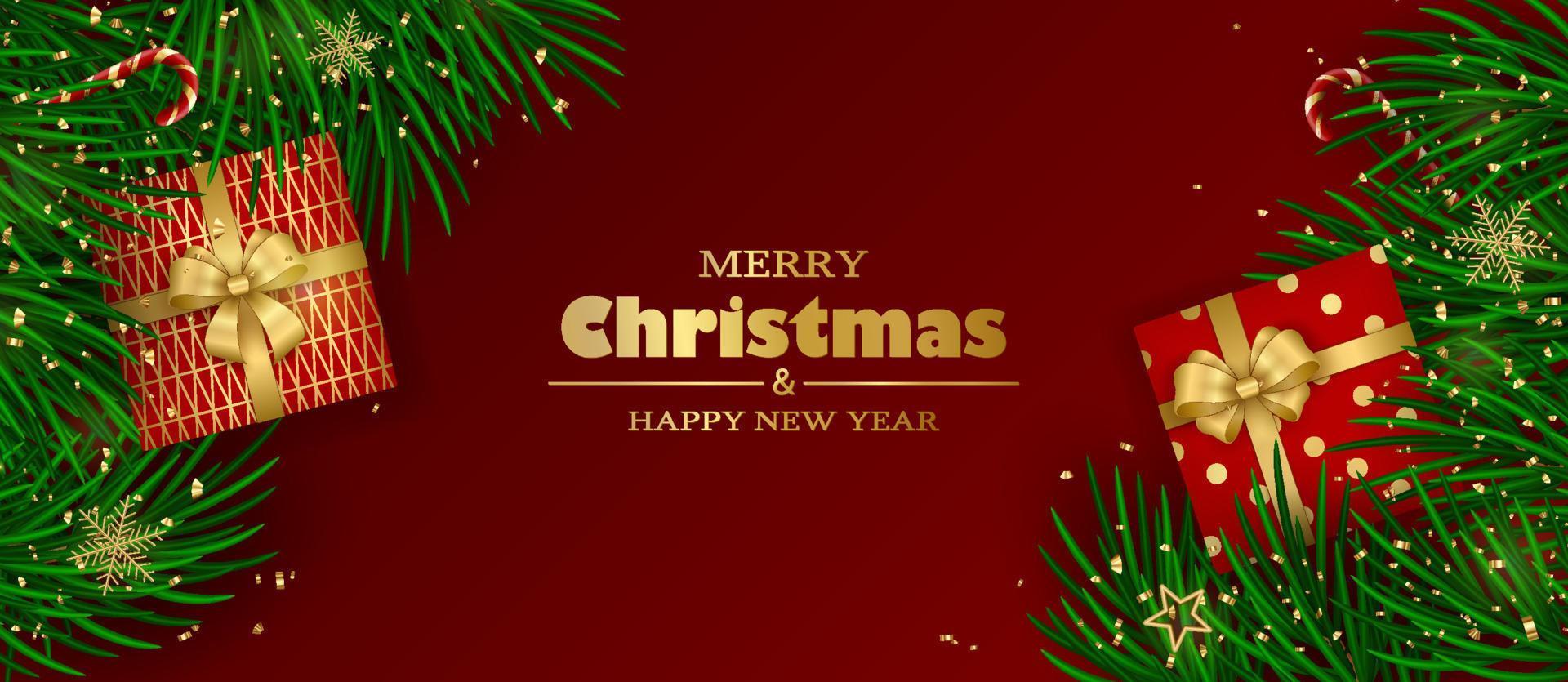 Merry Christmas and Happy New Year banner. Christmas tree branches, gift boxes, gold decor and confetti on a red background. vector