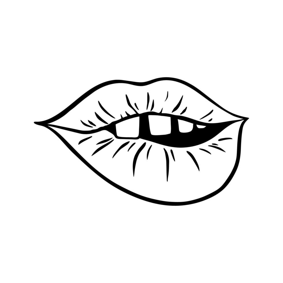 silueta de hembra labios en retro popular Arte estilo. boca con enrutamiento labios. vector contorno ilustración.