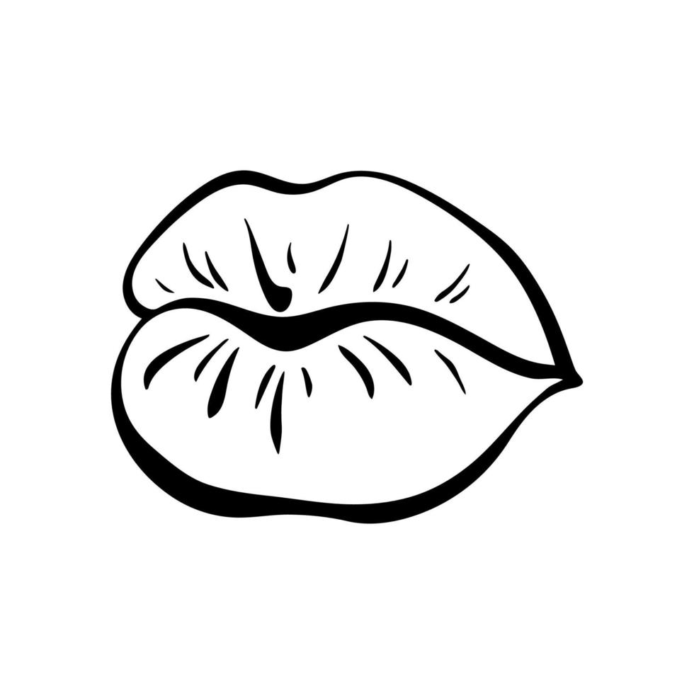 Silhouette of female  lips in retro pop art style. Mouth with routing lips. Vector outline illustration.