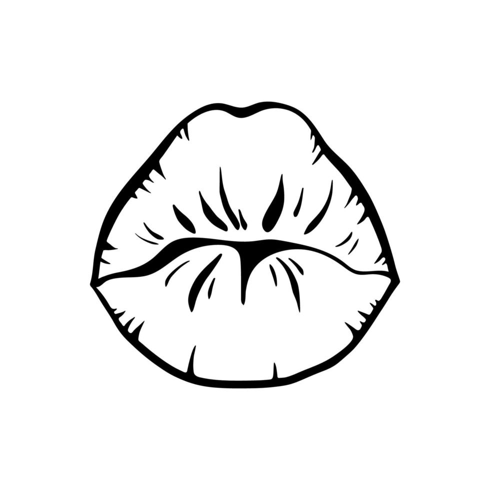 Contour of female lips in retro-pop art style. Mouth shaped like a kiss. Vector outline illustration.
