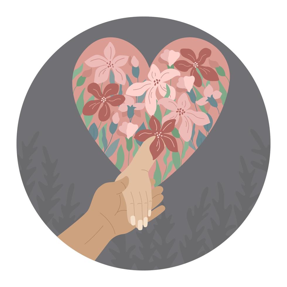 Painted hands in the Follow me gesture. Symbol of moving together through life. Heart in pink and red colors. Vector illustration for engagement day, wedding, Valentine Day.