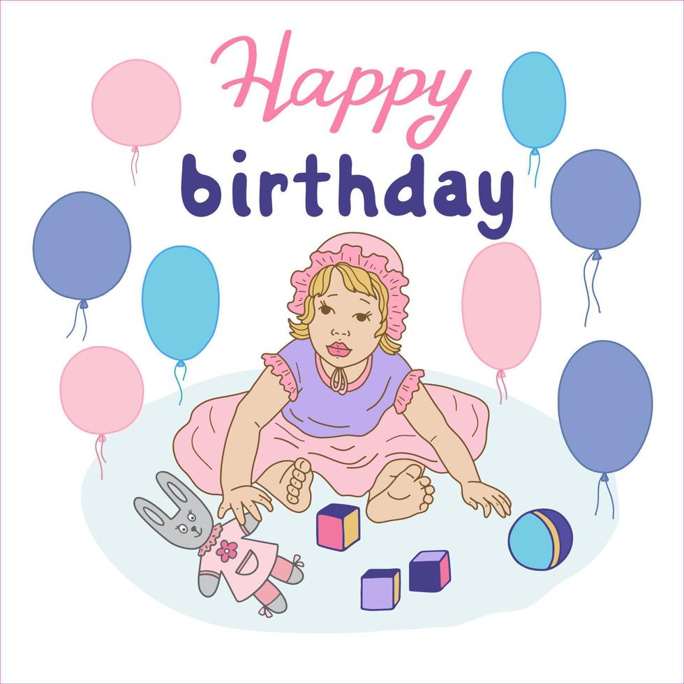 Cute little girl in a beautiful dress around balloons and children's toys. We are celebrating our daughter birthday. Bright vector illustration in cartoon style. For registration of children holidays.