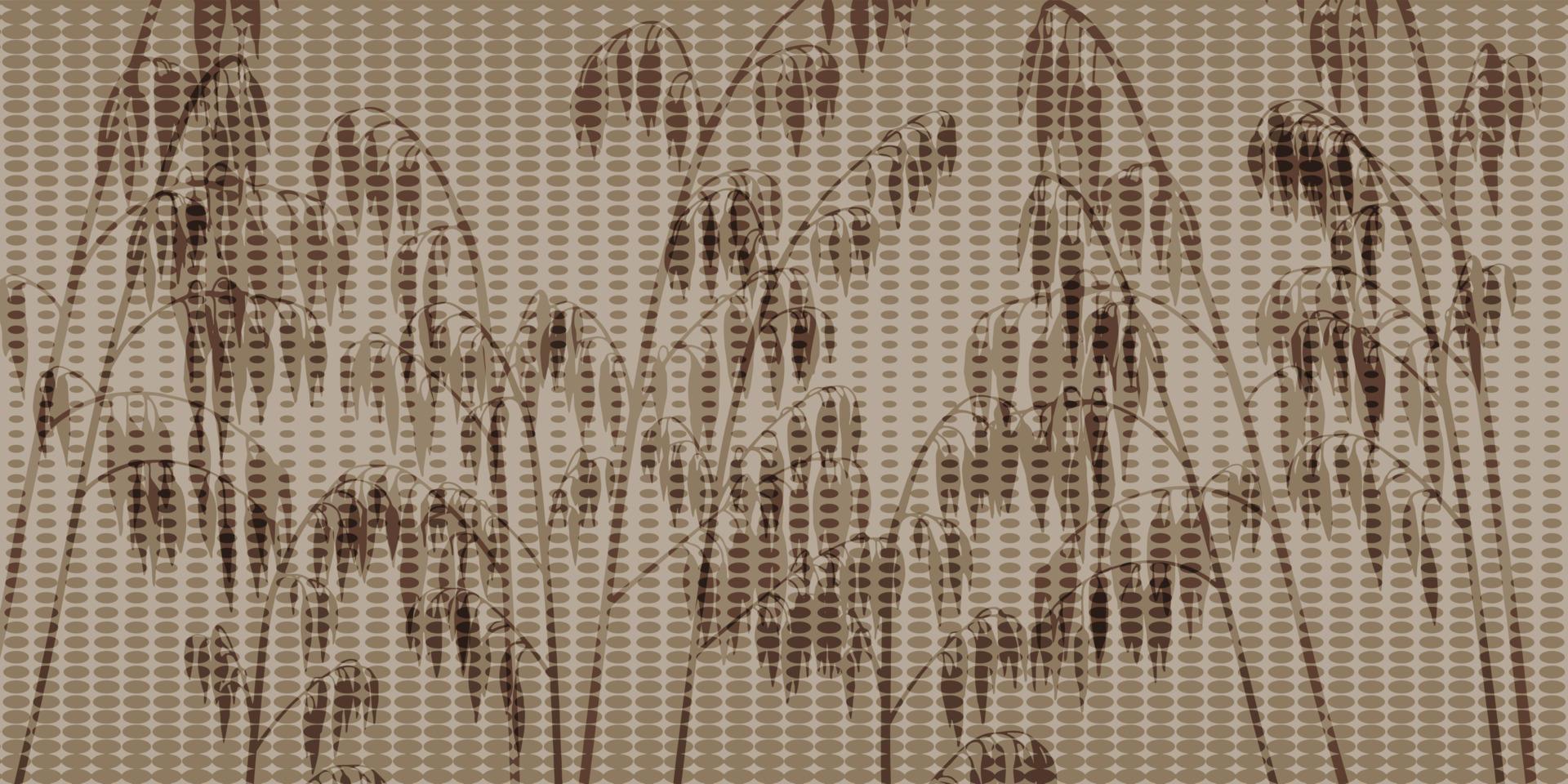 Beige-brown horizontal background with ovals decreasing towards the middle and silhouettes of grasses or plants. Creative spot design of backdrop, web wallpaper, etc. Vector illustration.