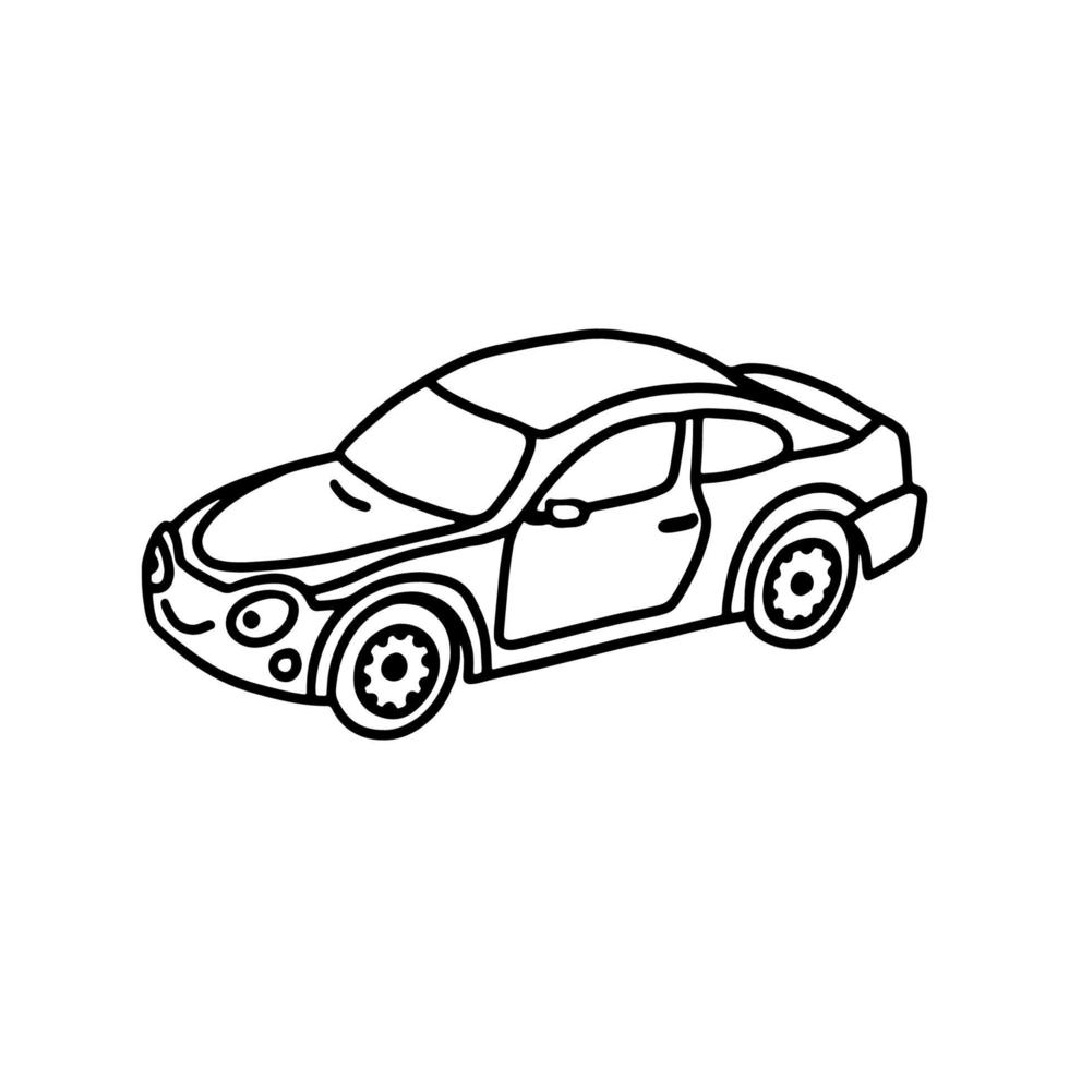 Funny toy car in black outline style on a white background. Coloring book for children. Vector illustration.