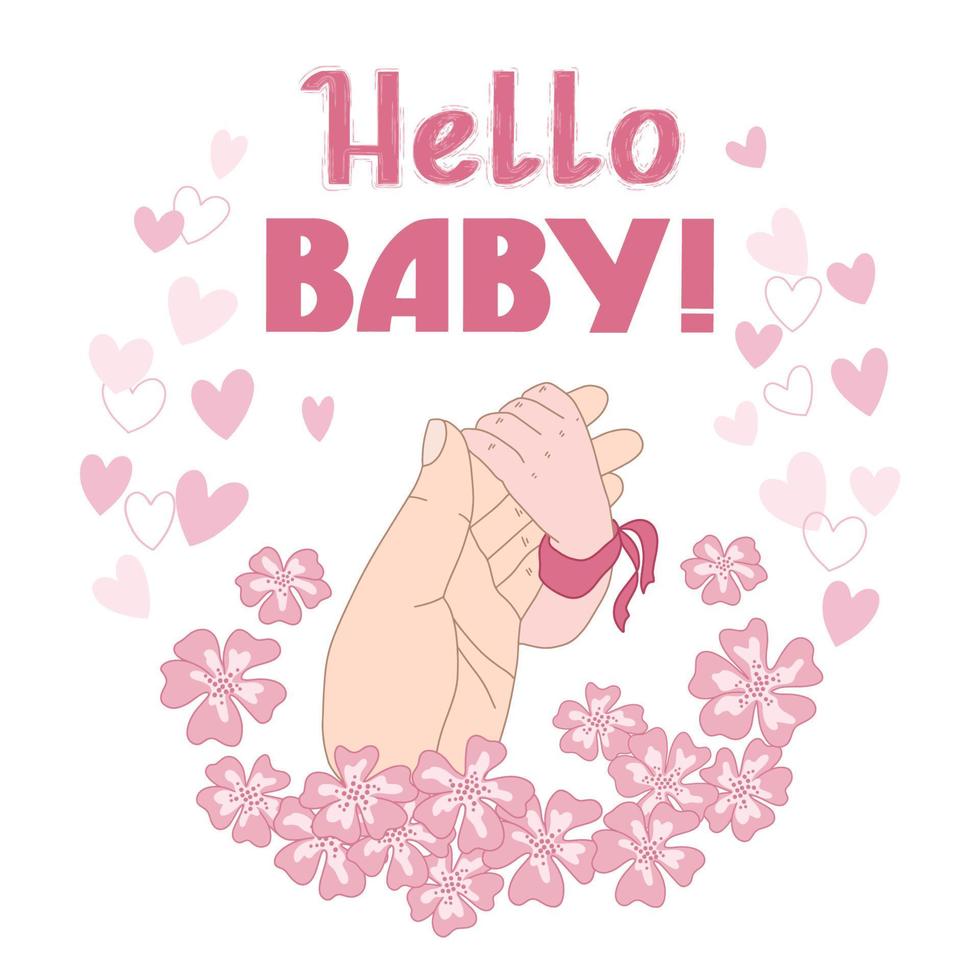 Hello, baby, hand-drawn lettering. The concept of happiness of motherhood and fatherhood.  Vector illustration in cartoon style. Man was born. Girl. For greeting cards, wrapping paper, etc