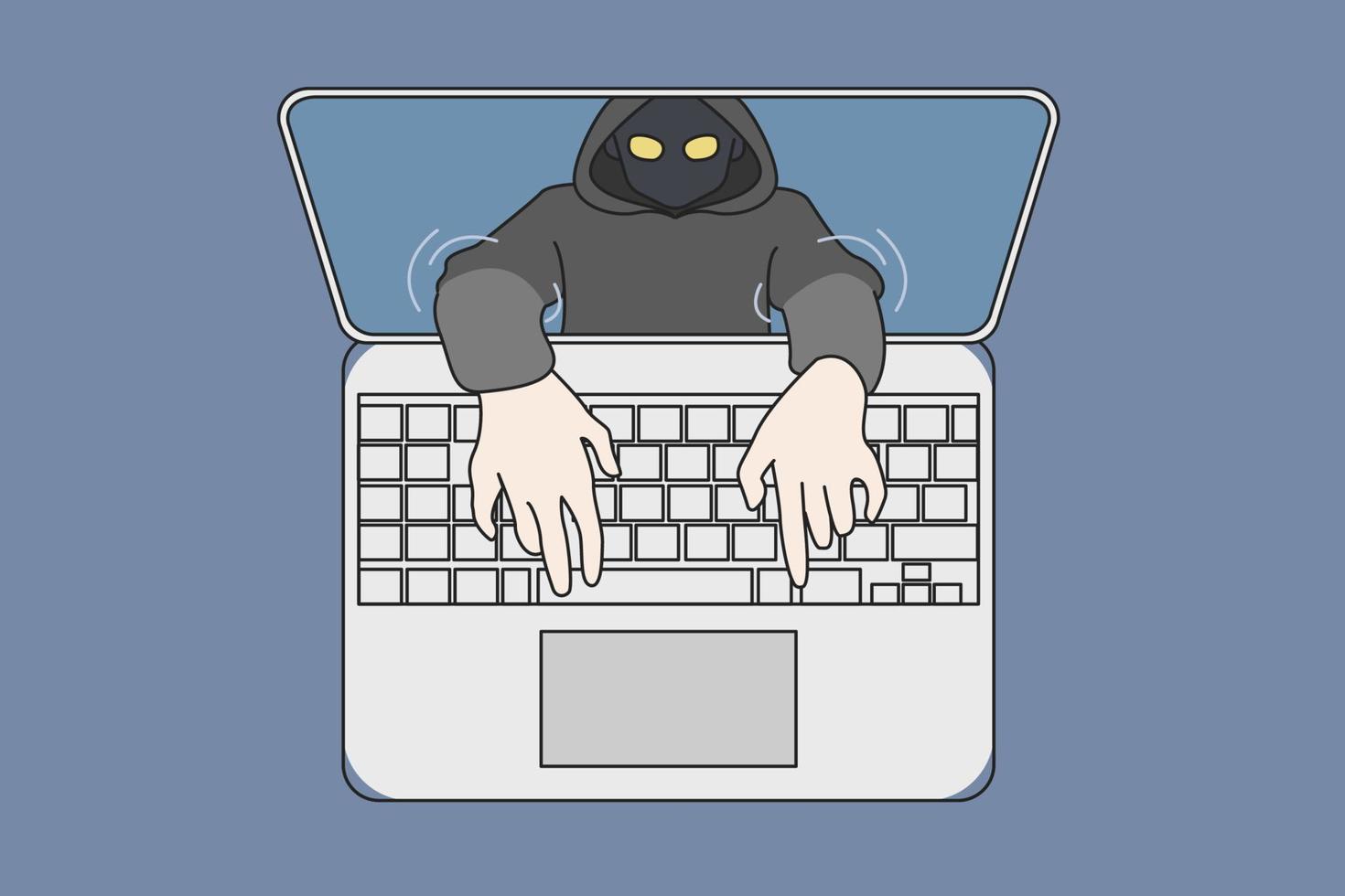 Thief in mask hands come out of laptop screen provide illegal phishing activity on internet. Scammer hacker steal data information online on computer. Network fraud, spam, virus. Vector illustration.