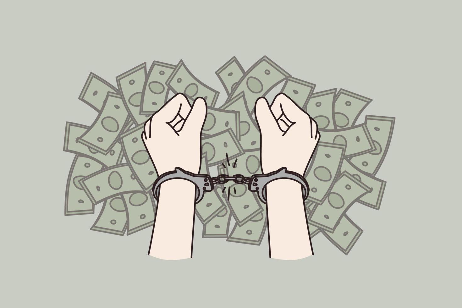 Stop corruption and financial crime concept. Human hands in handcuffs over heaps of money cash bribe corruption vector illustration