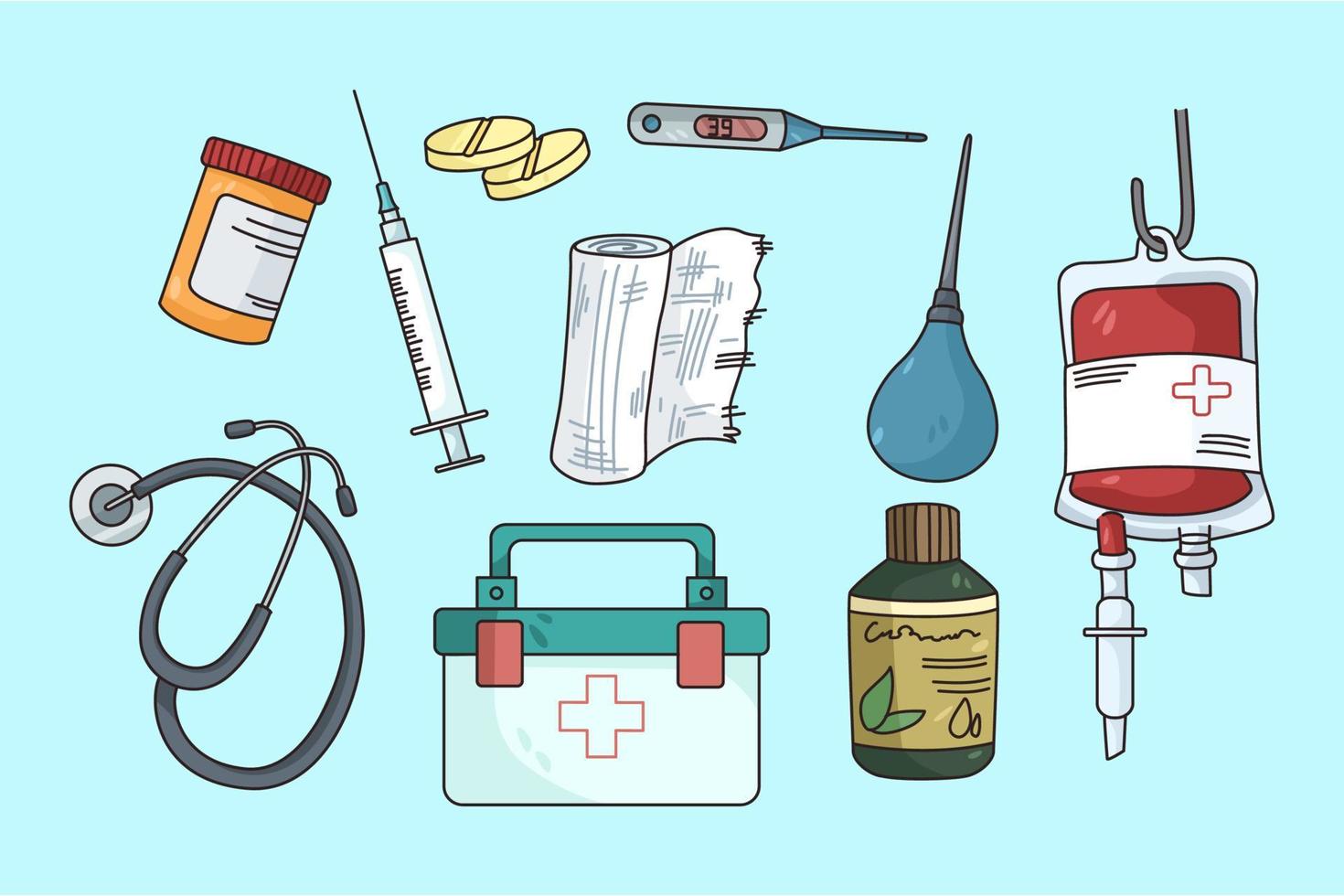 conjunto de emergencia medicina herramientas y drogas vector
