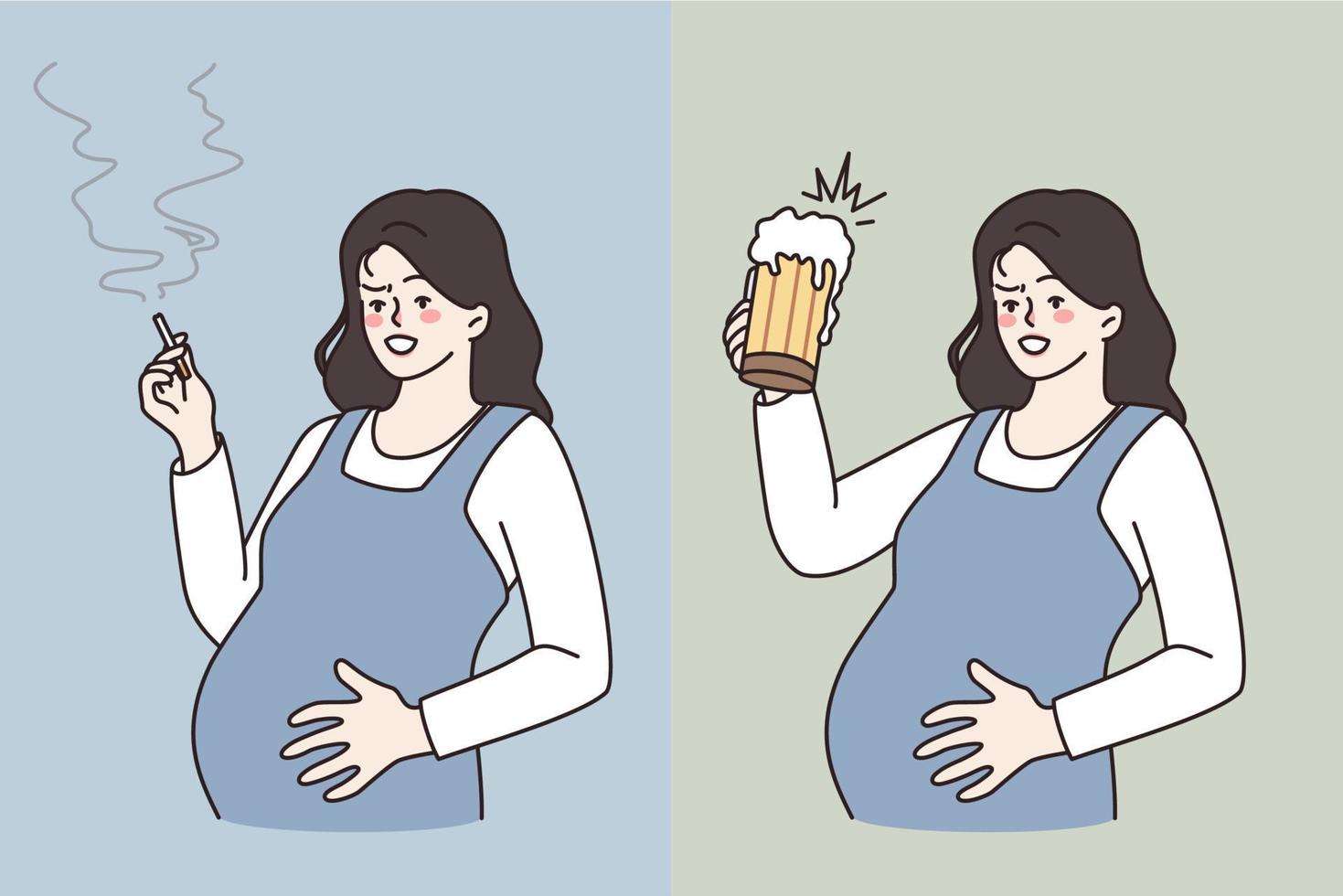 malo hábitos durante el embarazo concepto. joven embarazada mujer en pie abrazando barriga de fumar cigarrillo y Bebiendo cerveza vivo insalubre vida vector ilustración