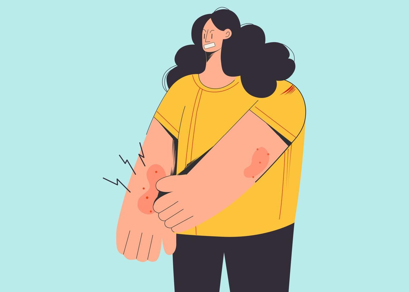 Unhappy woman scratch itch arm suffer from seasonal allergy. Distressed upset girl struggle with psoriasis or atopic dermatitis, have skin problems. Skincare, healthcare. Flat vector illustration.