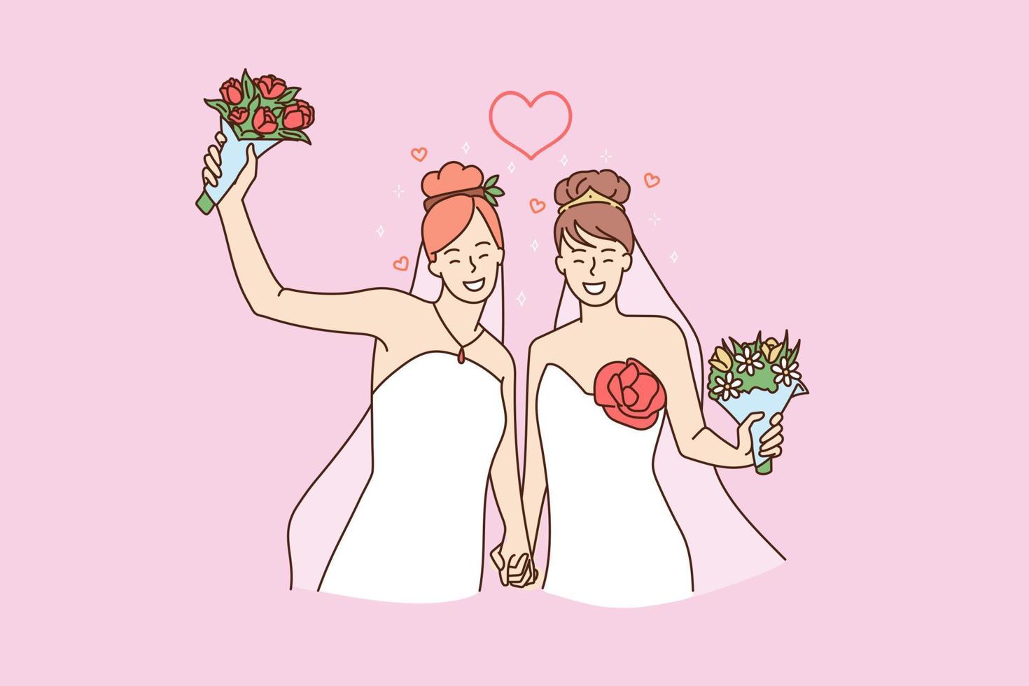 sonriente mujer gay Pareja en blanco Boda vestidos celebrar mismo sexo casamiento. contento lesbiana esposos dos novias obtener casado. celebracion, lesbianas, homosexual concepto. plano vector ilustración.