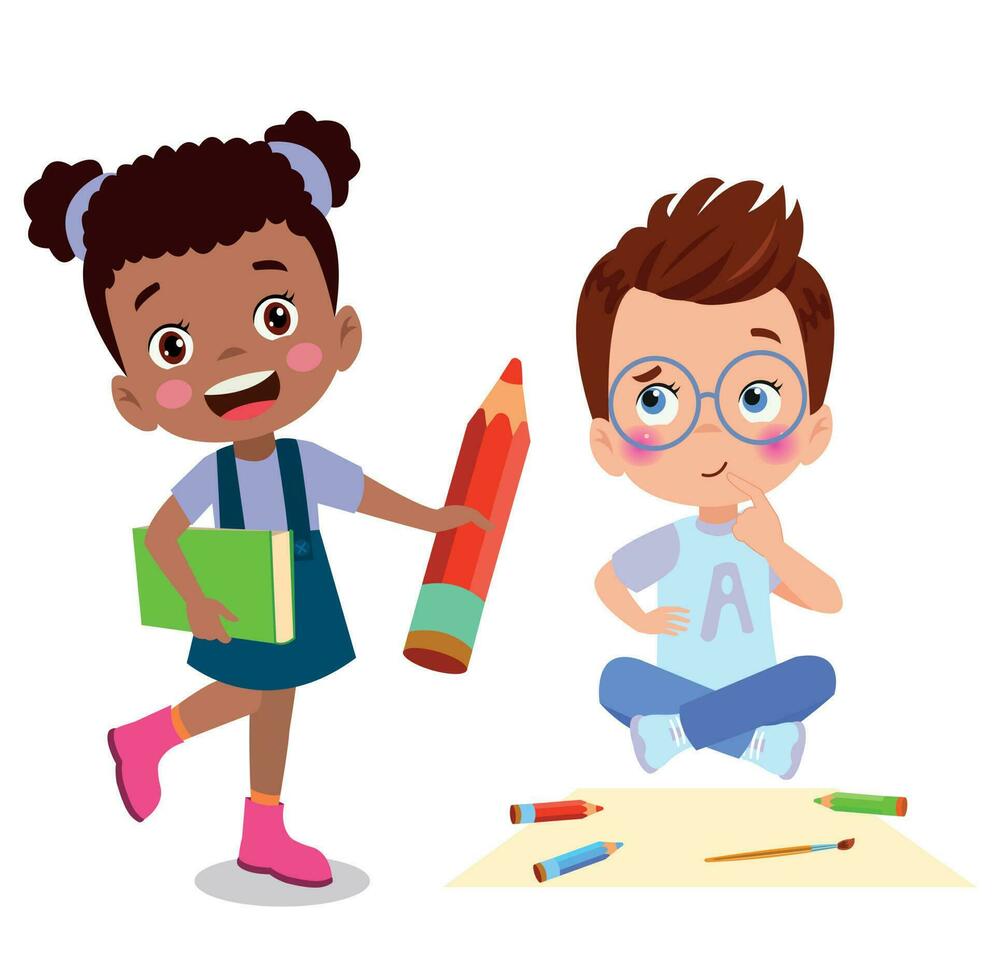 cute friends with books and pencils vector