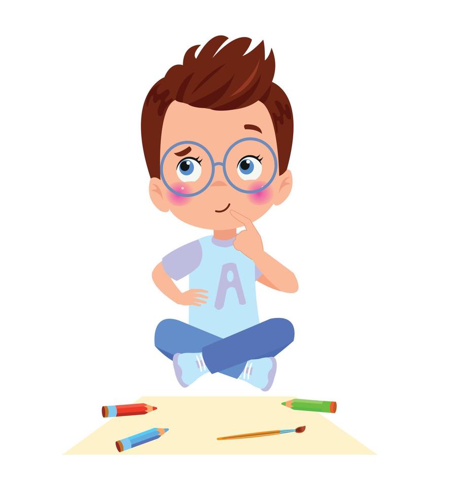 thoughtful boy with pencils and paper vector