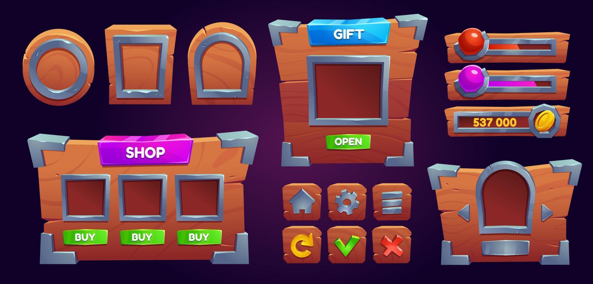 Game ui interface icons and wooden boards vector