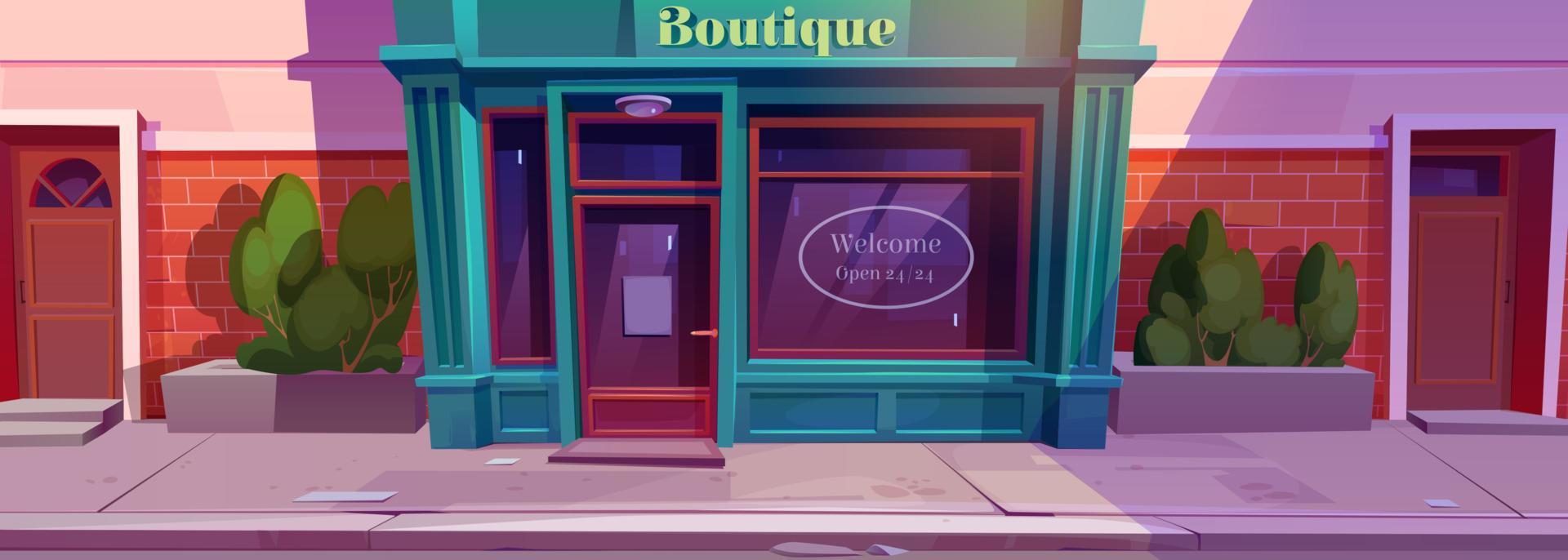 Vintage boutique front window building facade vector