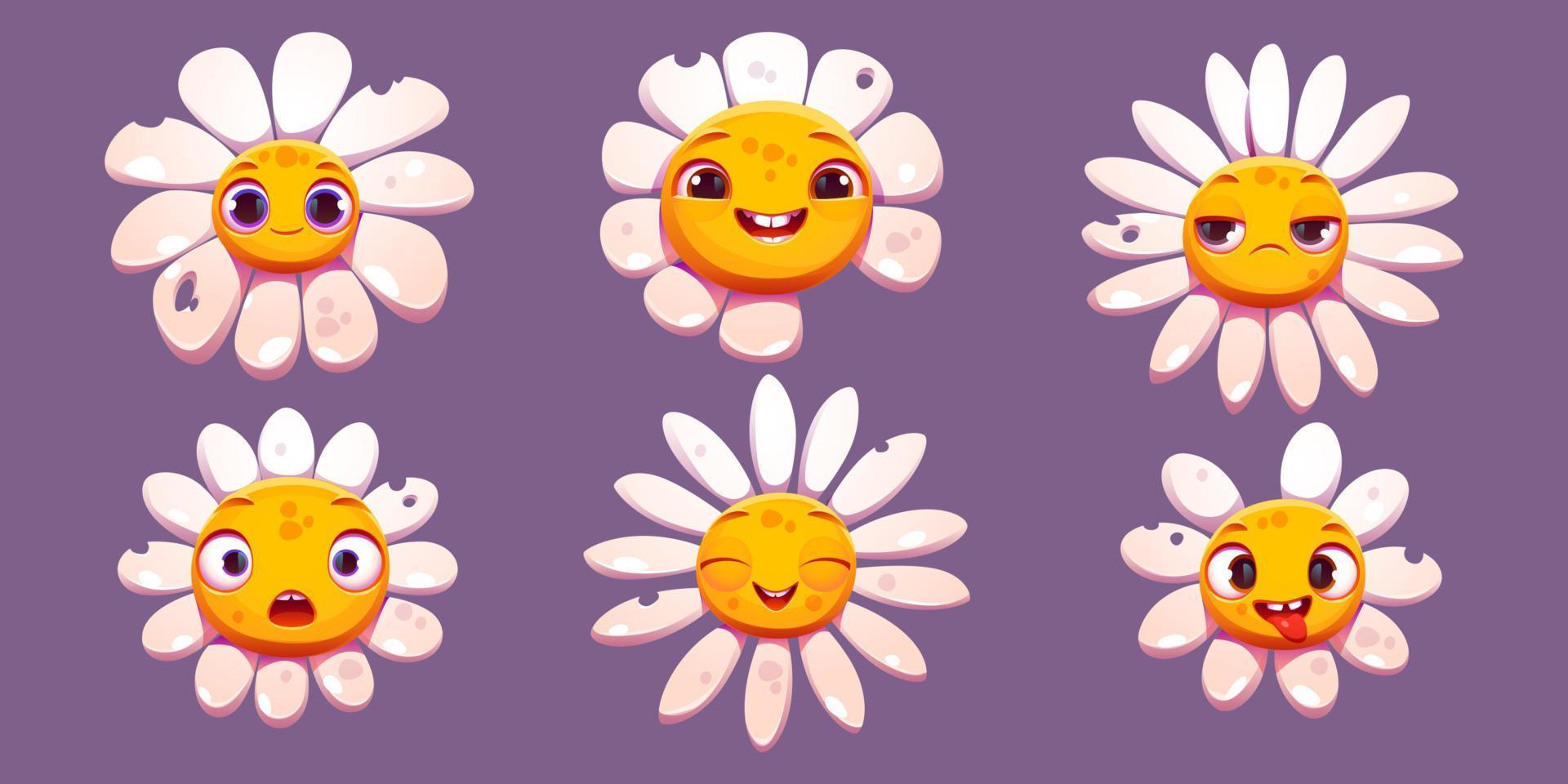 Set of cartoon chamomile characters with emotions vector