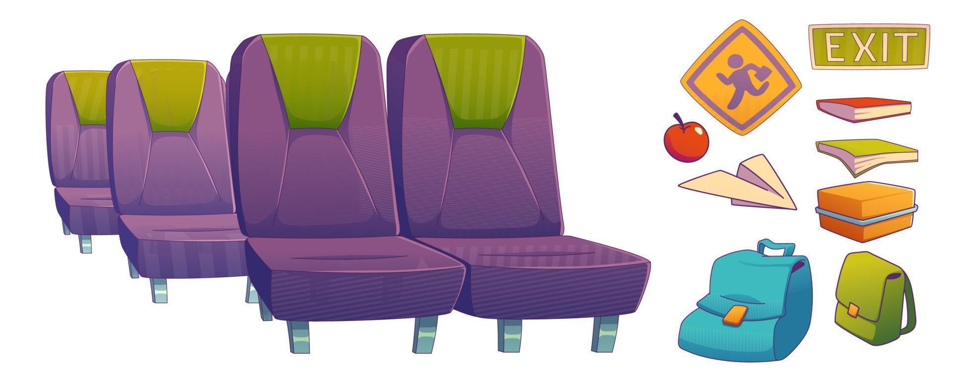 School bus seats, books, apple, signs vector