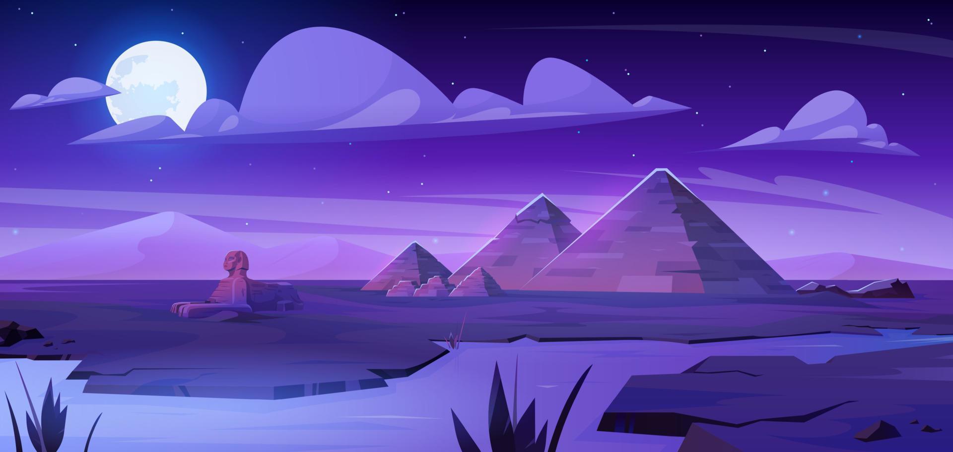 pirámide en Egipto noche Desierto cerca río paisaje vector